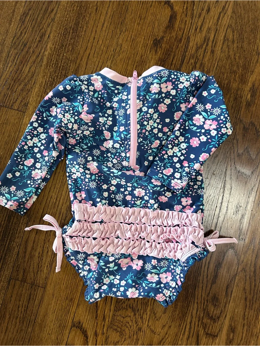 Girls' Navy Floral Long-Sleeve Rash Guard Swimsuit